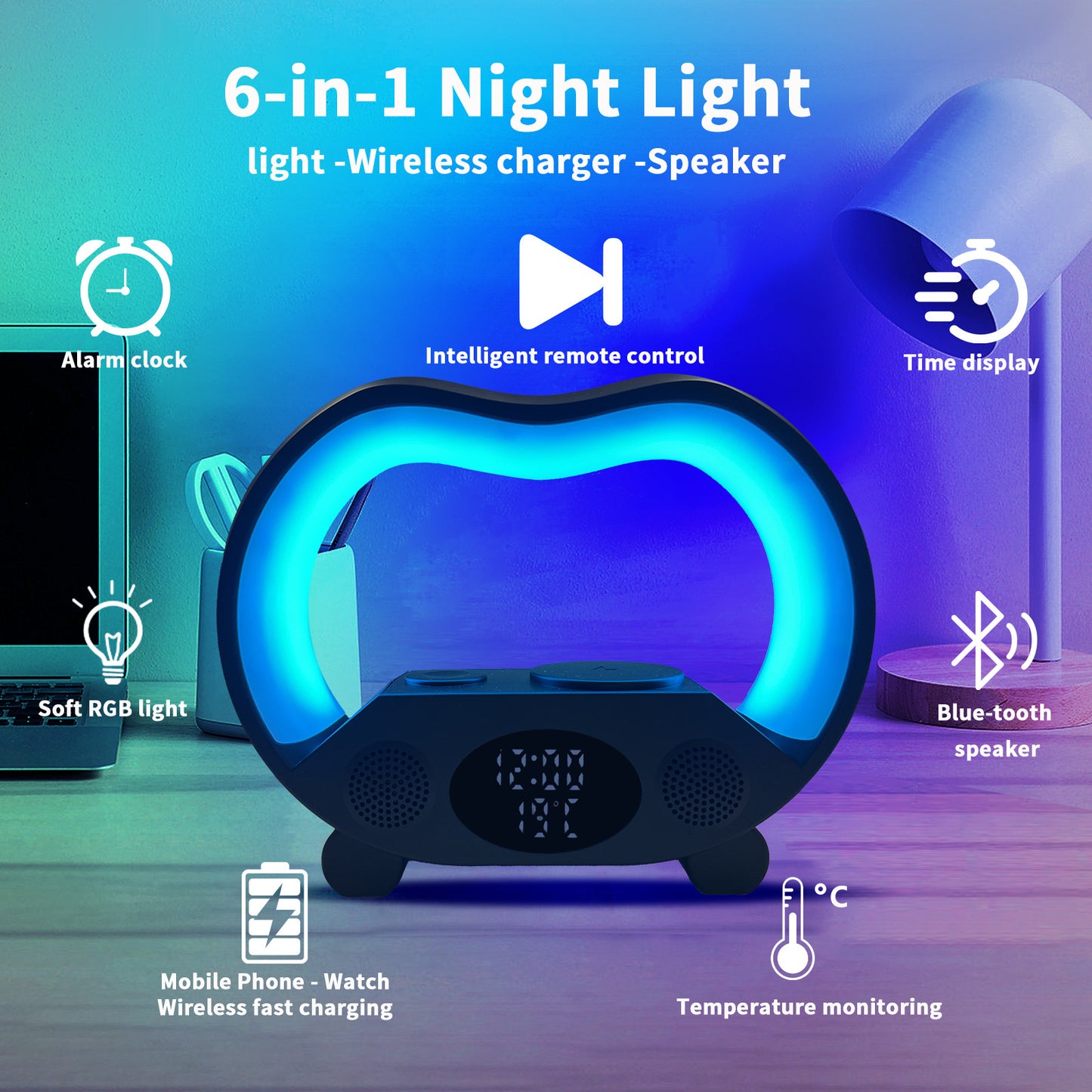 2024 New 6 In 1 Smart Remote Control Bluetooth-compatible Ambience Intelligent LED Table Lamp Multi-function Wireless Charger Night Light Bluetooth-compatible Speaker